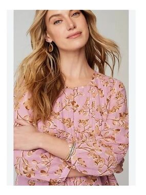 J Jill Tunic Top Shirt Pink Beige Floral Boho Bohemian Large L